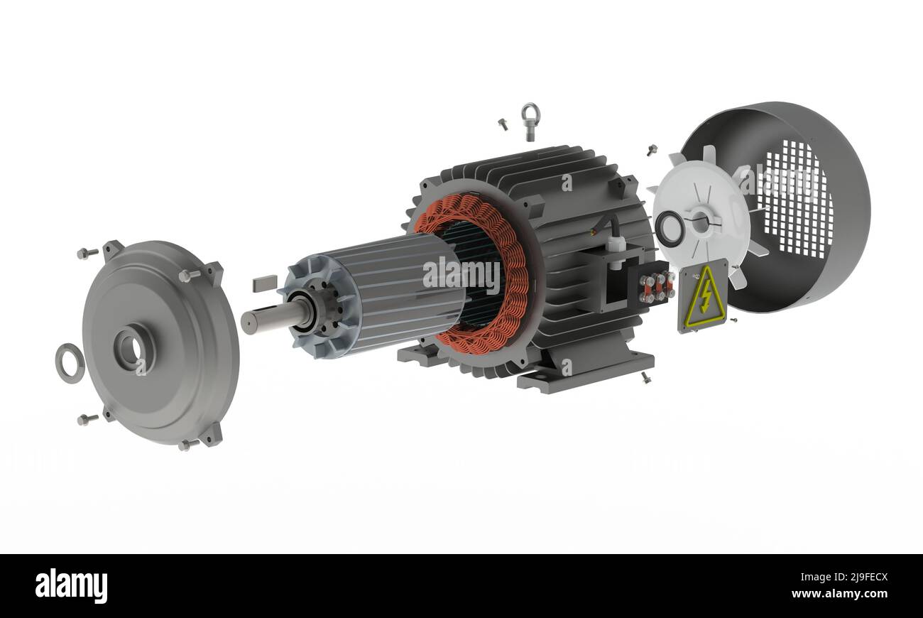 Moteur électrique, vue éclatée 3D, rendu isolé sur fond blanc Banque D'Images