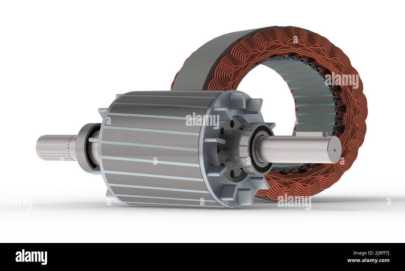 Stator et rotor pour moteur électrique, rendu 3D sur fond blanc Banque D'Images