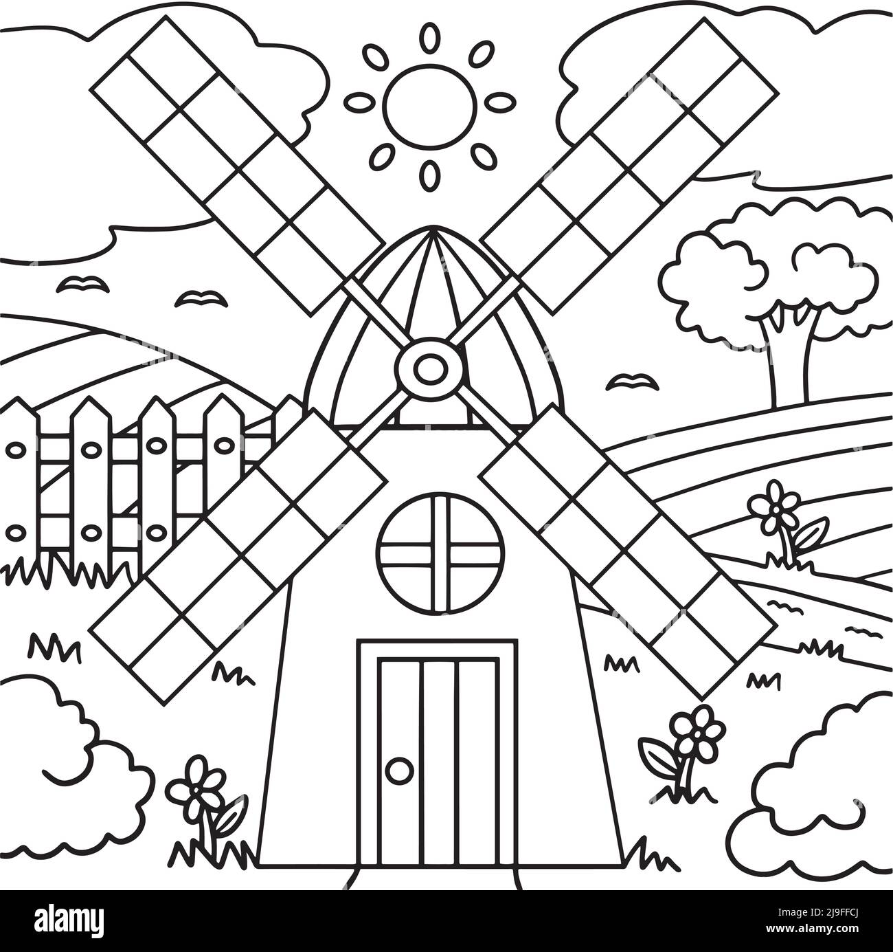 Page de coloriage du Moulin pour les enfants Illustration de Vecteur