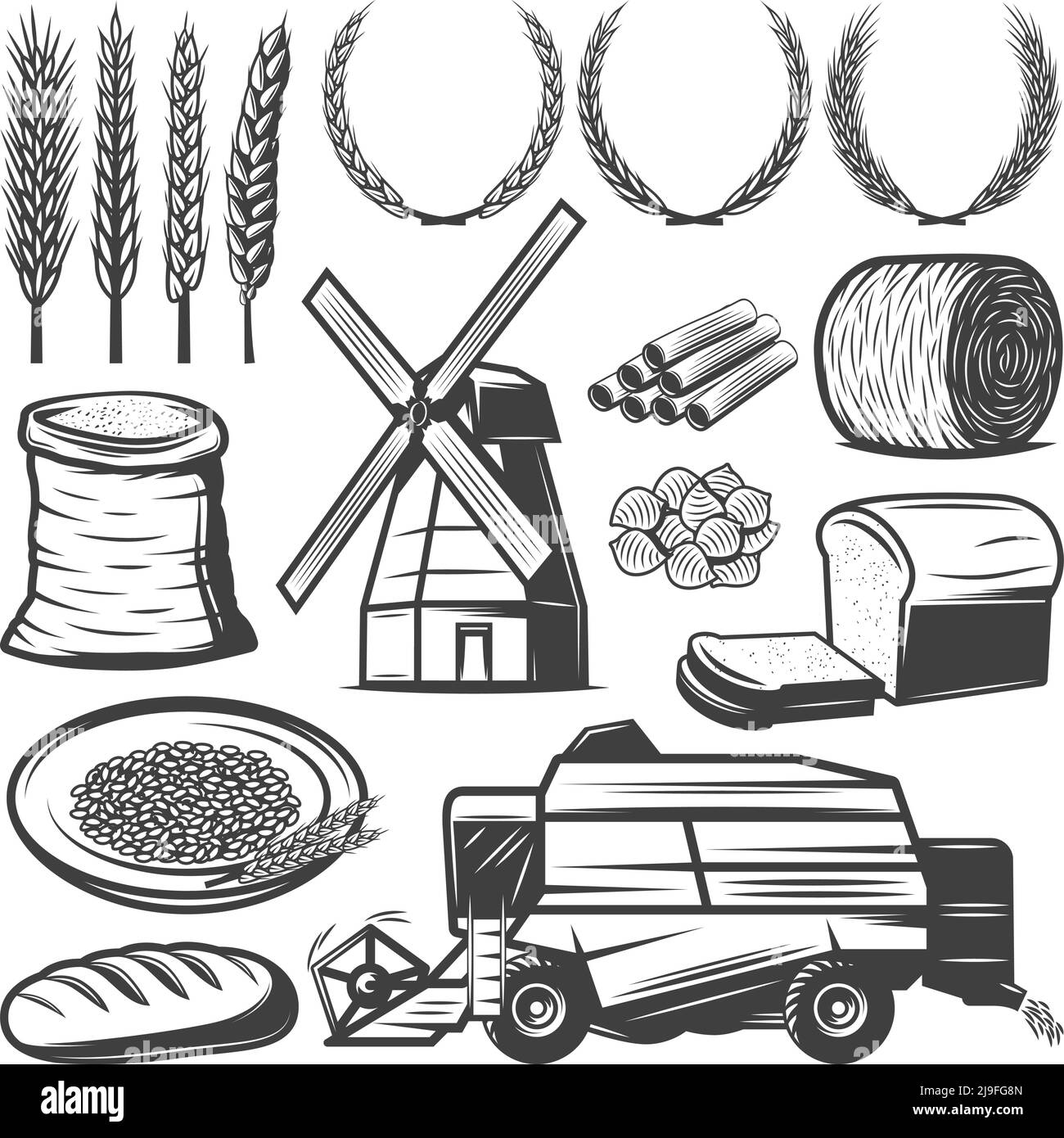 Ensemble d'éléments agricoles vintage avec oreilles de blé pour faire gerer la farine de foin illustration vectorielle isolée du moulin à vent de la moissonneuse-batteuse pour pâtes à pain Illustration de Vecteur