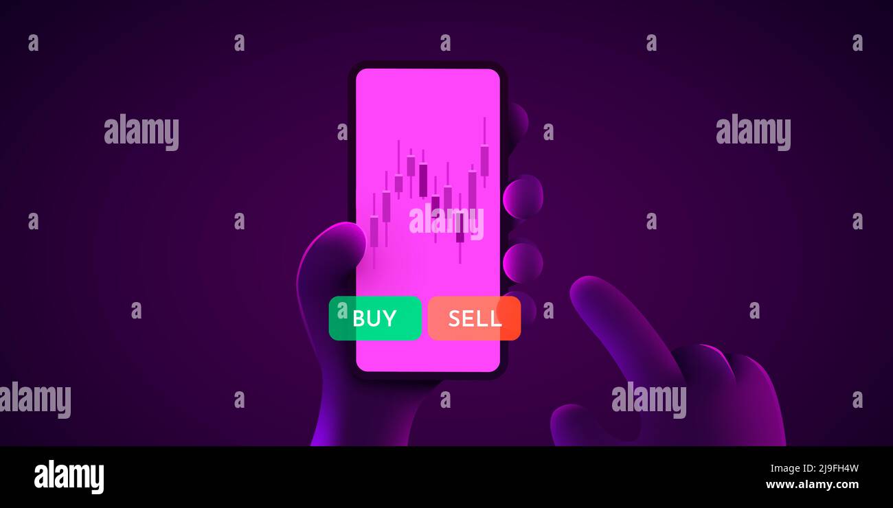 Concept d'analyse financière. Commerce de cartes de chandeliers. Modèle d'application métier. La main tient un smartphone. Modèle de page d'arrivée. Illustration de Vecteur