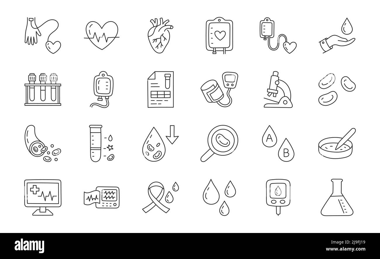 Illustration d'un sang médical comprenant des icônes - transfusion de plasma, sphygmomanomètre, glucomètre, veine, cardiologie, microscope, tube de laboratoire Illustration de Vecteur