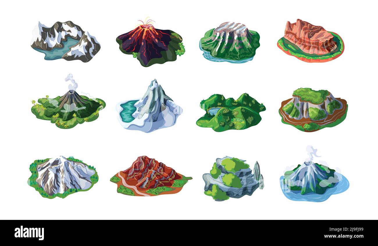 Nature paysages de montagne avec des montagnes volcans collines falaises rochers pics d'illustration de vecteur isolé de grugeage différent Illustration de Vecteur