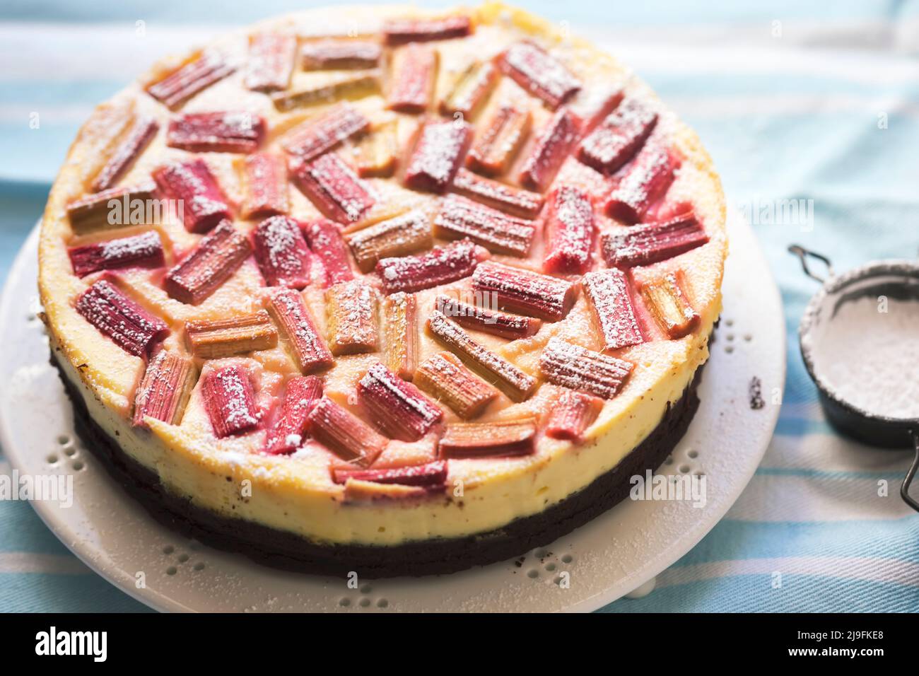 Brownie au cheesecake avec rhubarbe et sucre en poudre Banque D'Images