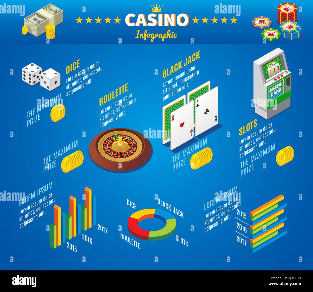 Isométrique casino infographie concept avec des jetons de poker de dés jouant des cartes machine à sous roulette graphique de la roulette graphique illustration de vecteur isolé Illustration de Vecteur