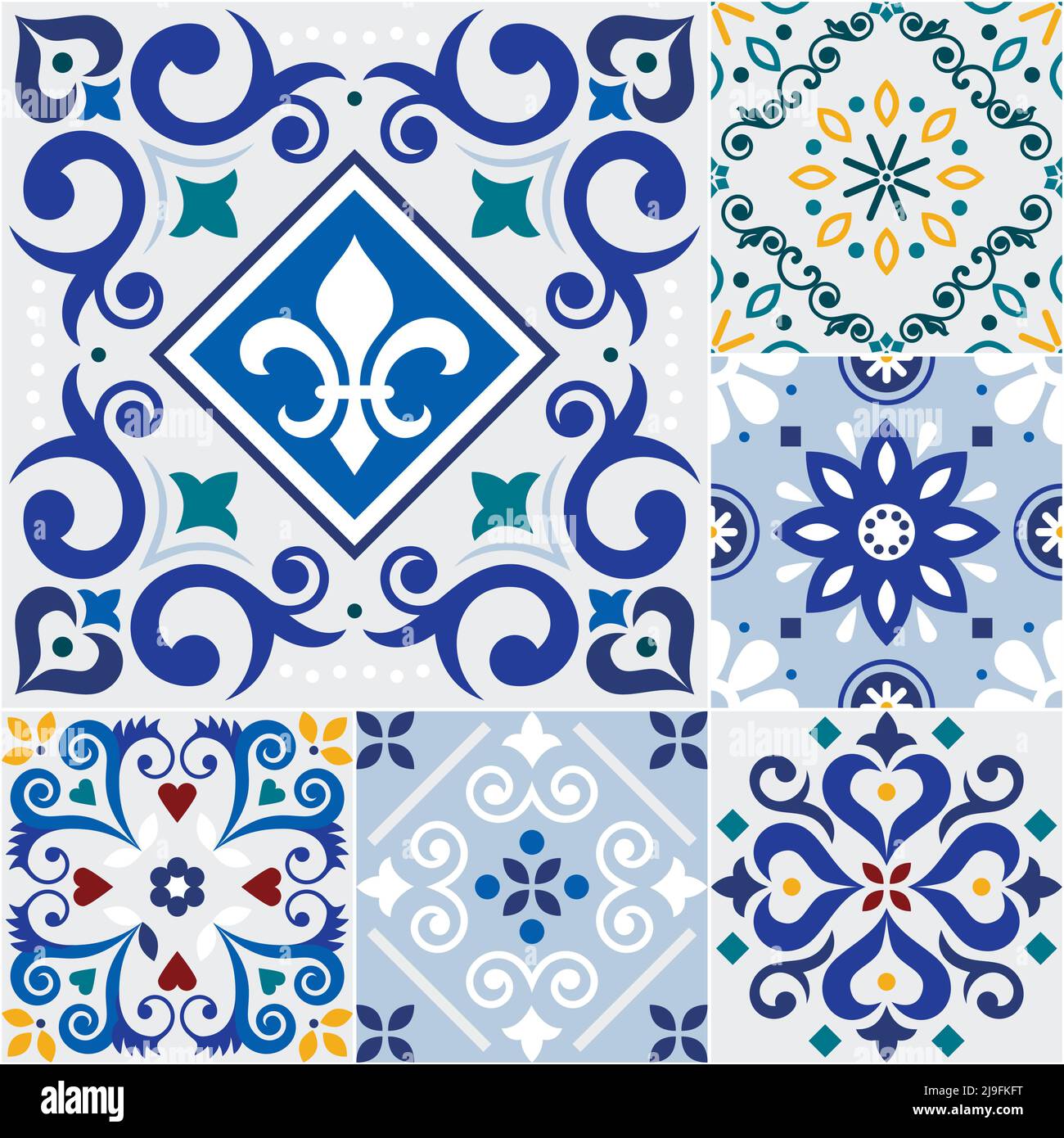Azulejo carreaux sans couture vecteur ensemble de motifs - différentes tailles de carreaux, collection de design traditionnel inspiré par les ornements portugais et espagnol Illustration de Vecteur