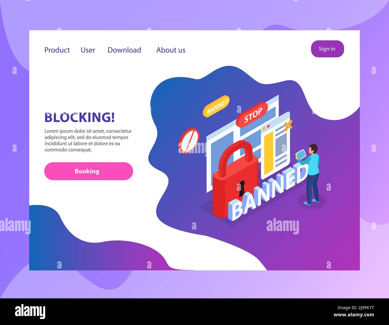 Site Internet bloquant les utilisateurs abusifs page de renvoi isométrique avec banni symboles d'interdiction de verrouillage illustration vectorielle Illustration de Vecteur