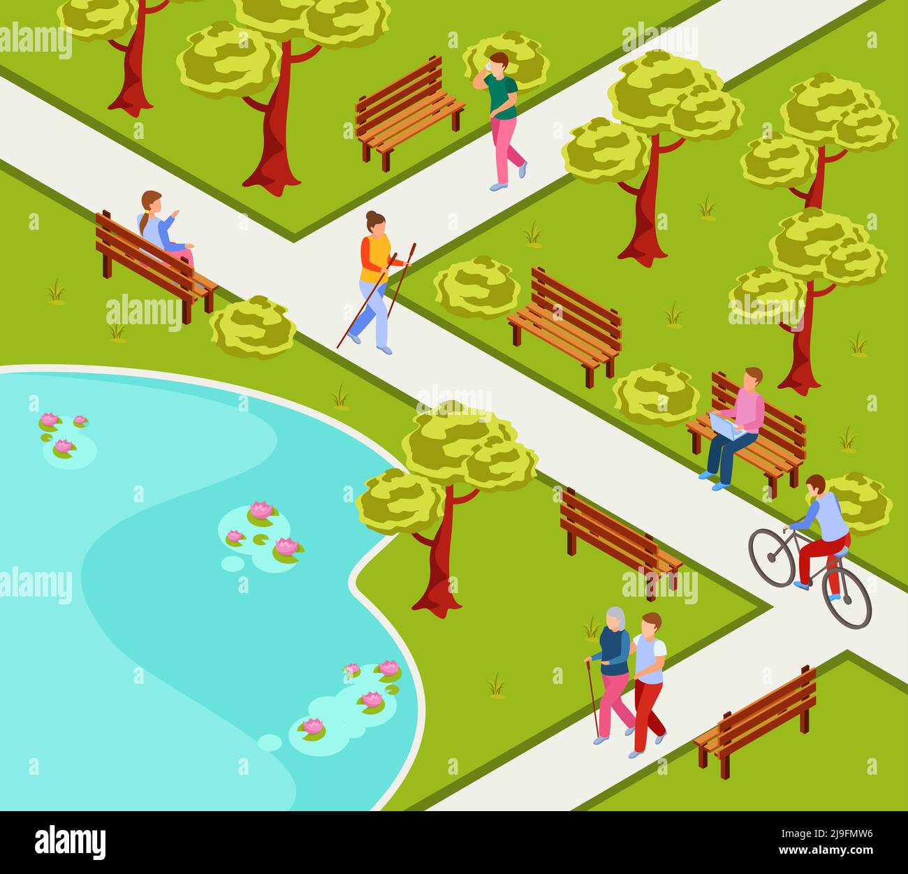 Parc municipal composition isométrique avec les gens marche nordique lecture à vélo travailler sur un ordinateur portable sur une illustration vectorielle de paillasse Illustration de Vecteur