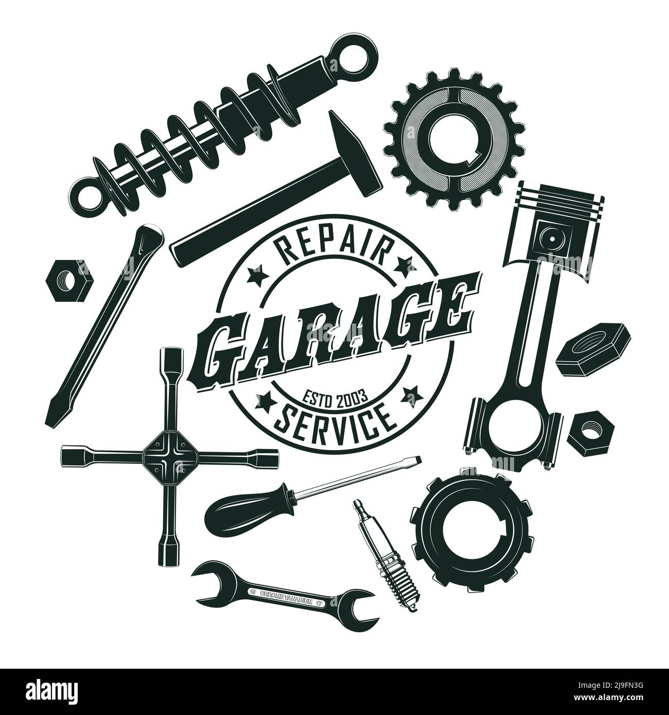 Concept rond d'outils de garage vintage monochrome avec mécanique et réparation illustration du vecteur isolé de l'équipement Illustration de Vecteur