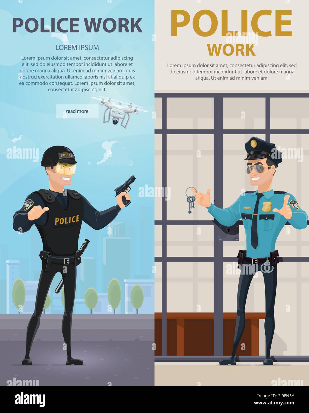 La police travaille des bannières verticales avec le policier près de la cellule de prison et officier des forces spéciales sur l'illustration de vecteur de rue Illustration de Vecteur