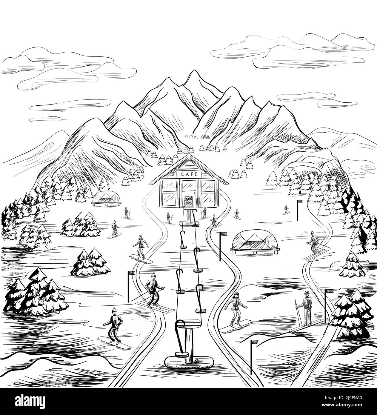 Modèle d'activités de loisirs saisonnières en hiver avec construction de personnes de ski snowboard et le funiculaire dans l'illustration vectorielle de style Illustration de Vecteur