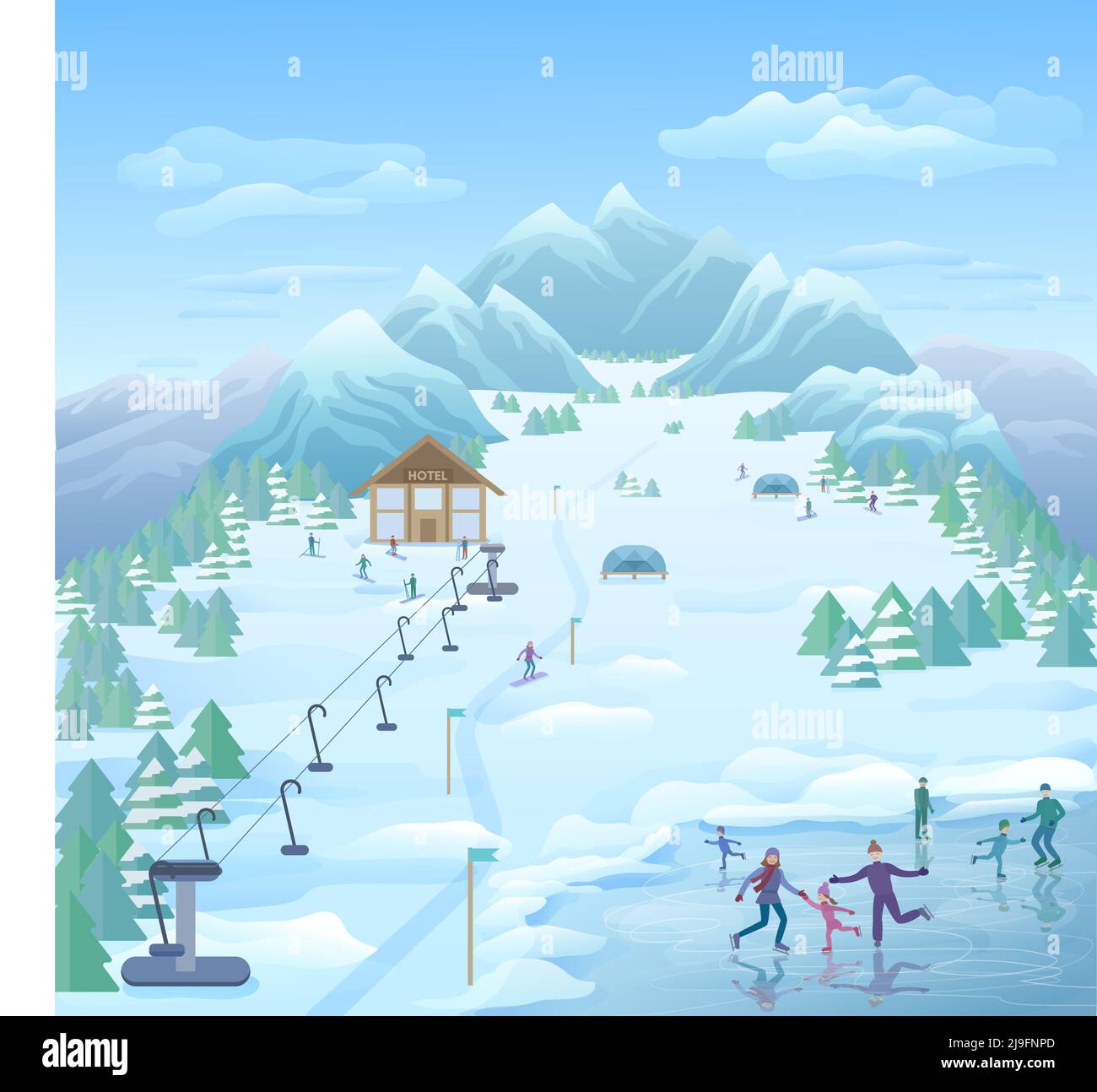 Modèle de parc réactionnaire d'hiver avec patinage ski surf des neiges touristes illustration vectorielle de forêt enneigée et de paysage de montagne Illustration de Vecteur