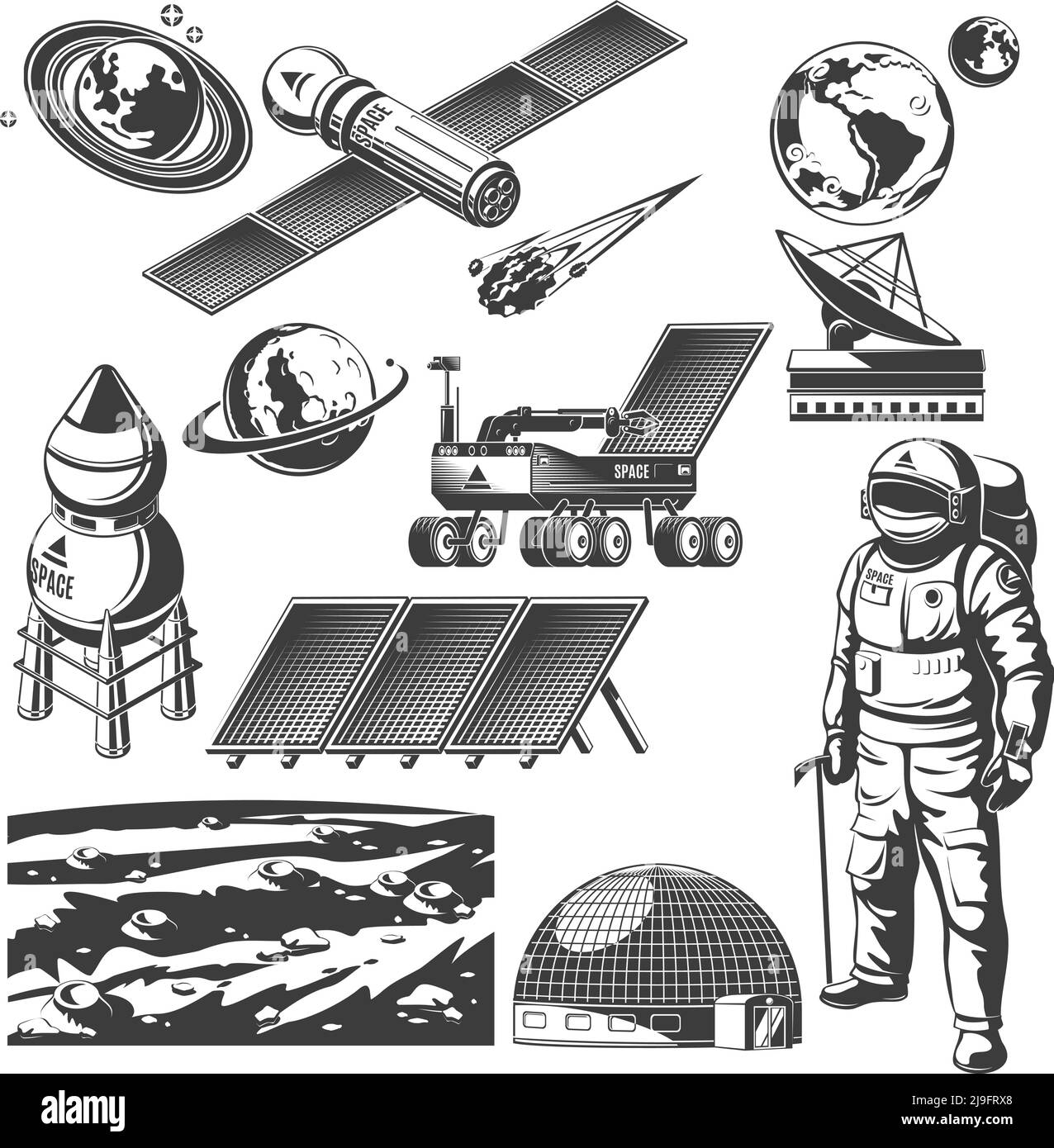 Collection vintage d'éléments spatiaux avec radar astronaute lunar rover Panneaux solaires Meteor planètes Mars surface paysage vecteur isolé illus Illustration de Vecteur