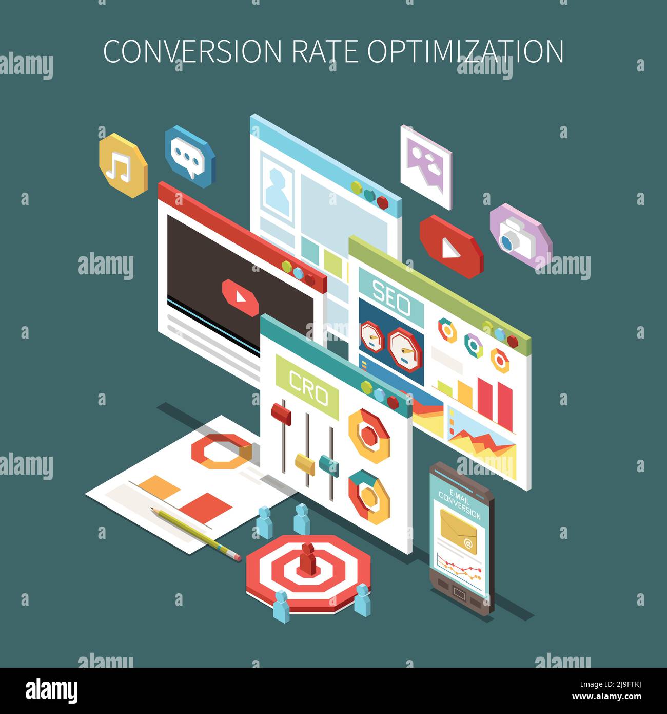 Optimisation du taux de conversion concept isométrique avec promotion vidéo colorée et illustration vectorielle des icônes seo Illustration de Vecteur