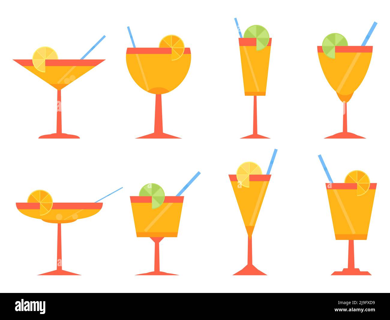Ensemble d'icônes de cocktail isolées sur fond blanc. Collection de boissons alcoolisées dans différents verres. Verres à cocktail avec paille et citron. Conception pour Illustration de Vecteur
