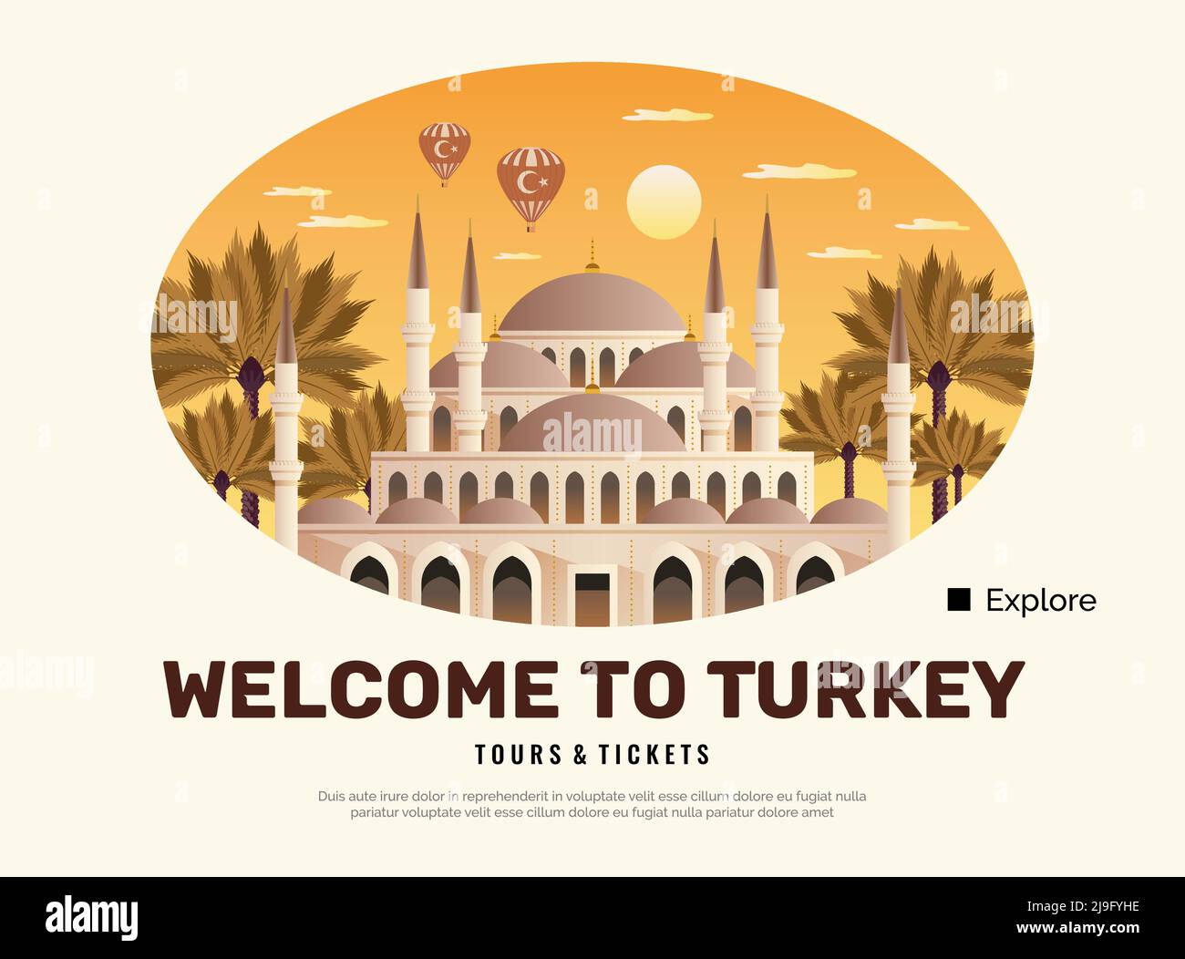 Affiche de voyage en Turquie avec des visites et des symboles de billets à vecteur plat illustration Illustration de Vecteur