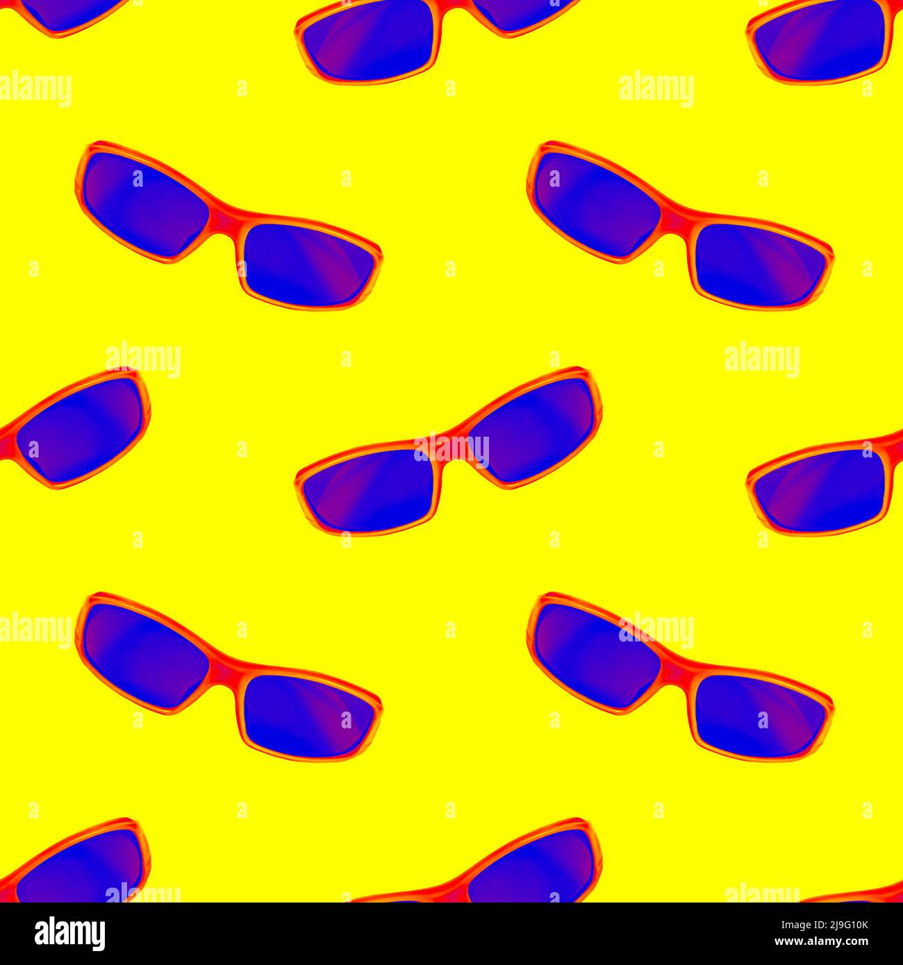 Des lunettes de soleil colorées et brillantes répètent un motif sans couture sur fond jaune pour emballer le papier. Banque D'Images