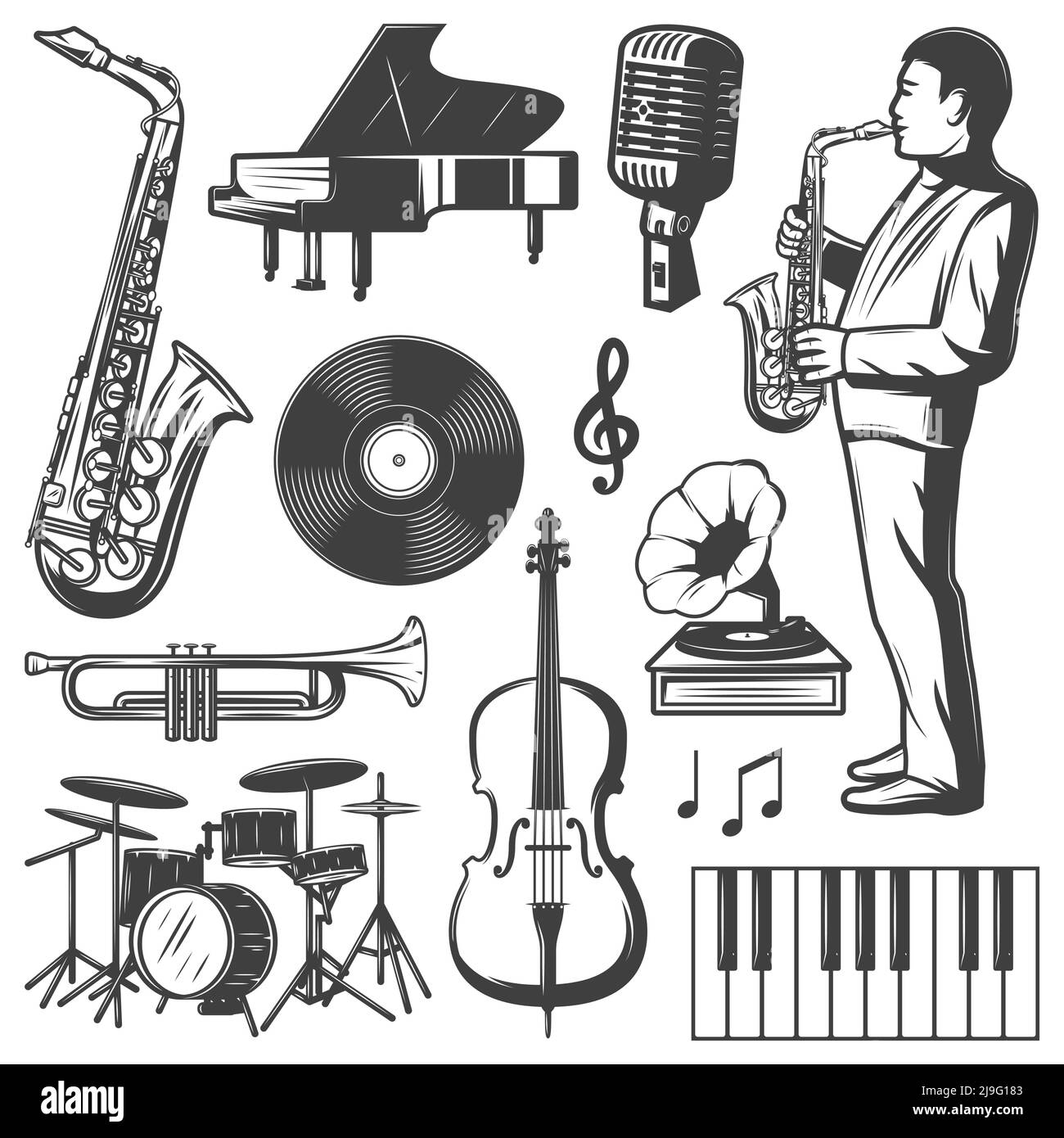 Collection d'éléments de musique jazz vintage avec percussions de piano saxophone musicien microphone gramophone violon trompette vinyle illustration vectorielle isolée Illustration de Vecteur