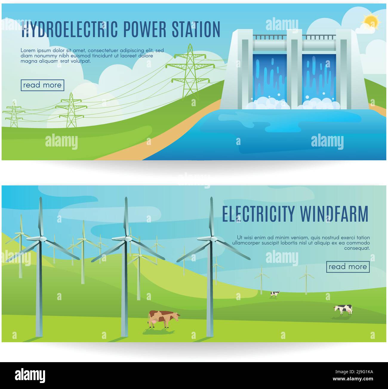 Deux bannières écologiques horizontales avec centrale hydroélectrique écologique images de parc de vent et lire plus d'illustration de vecteur de botton Illustration de Vecteur