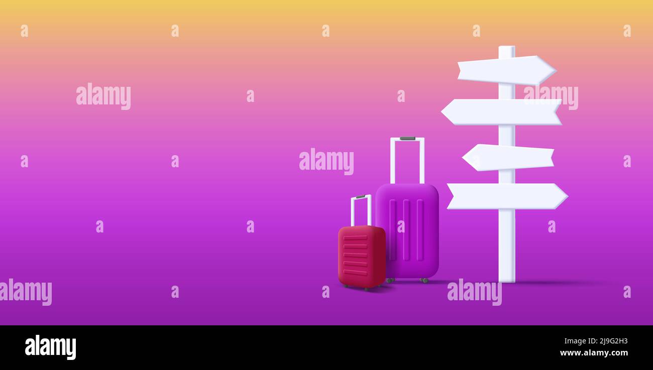 Toile de fond de l'affiche de voyage avec un panneau vierge indiquant les destinations et les valises, illustration 3D Illustration de Vecteur