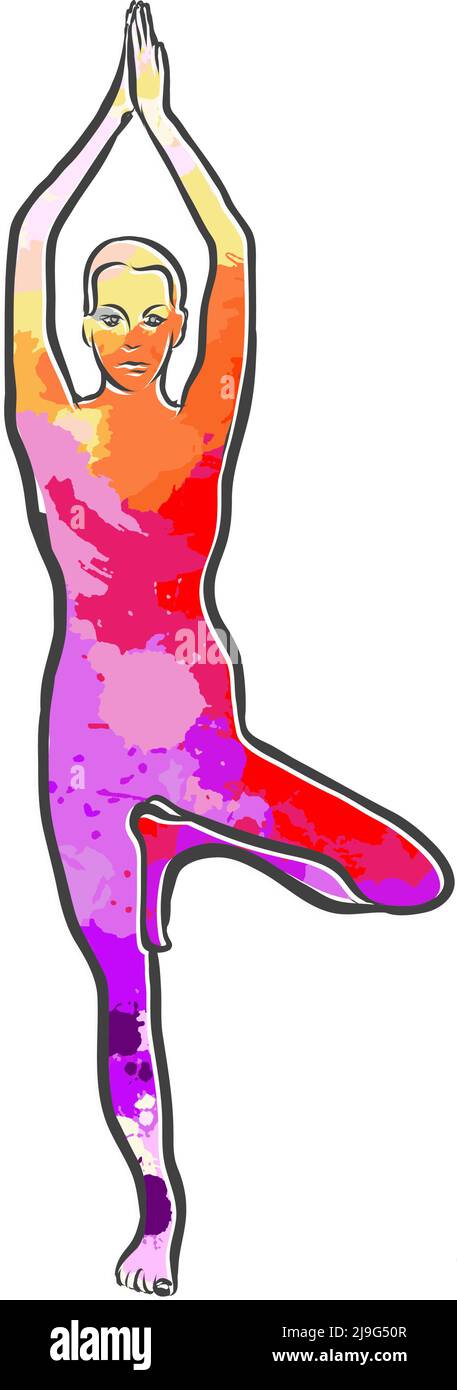 Logo Vrikshasana Yoga coloré. Illustration vectorielle réalisée à la main. Parfait pour le marketing de site Web et les impressions. Illustration de Vecteur