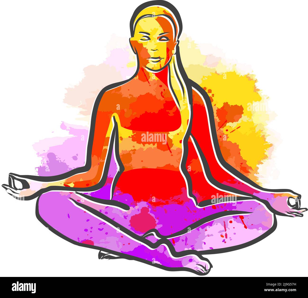 Siddhasana colorée posture parfaite de yoga. Illustration vectorielle dessinée à la main mise en page centrée à des fins d'impression et de web. Illustration de Vecteur