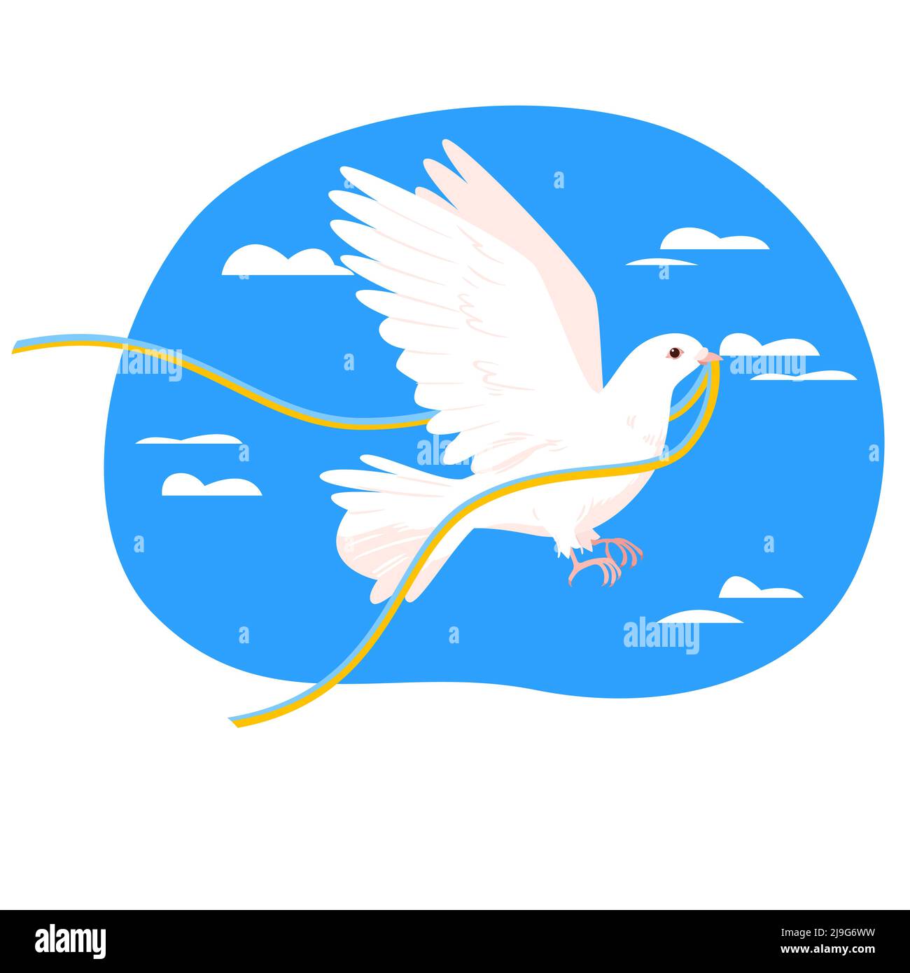 Colombe blanche volant dans un ciel bleu avec ruban de tissage aux couleurs nationales du drapeau ukrainien Illustration de Vecteur