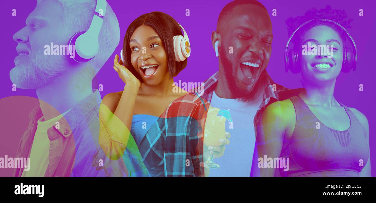 Des jeunes multiraciaux heureux portant des écouteurs, un collage lumineux, un panorama Banque D'Images