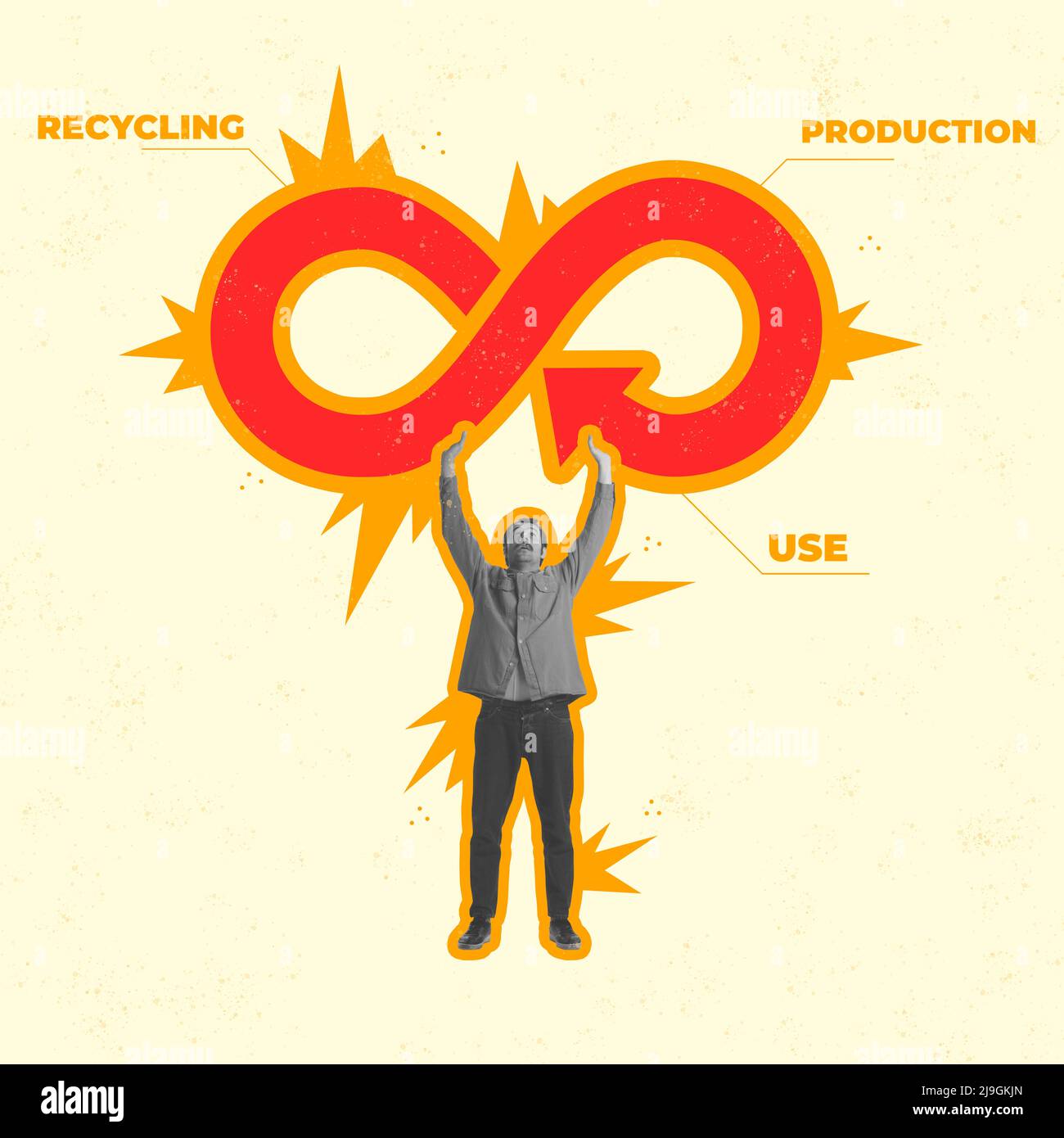 Collage d'art contemporain. Homme tenant le symbole géant de la flèche circulaire d'économie. Production, recyclage des ressources Banque D'Images