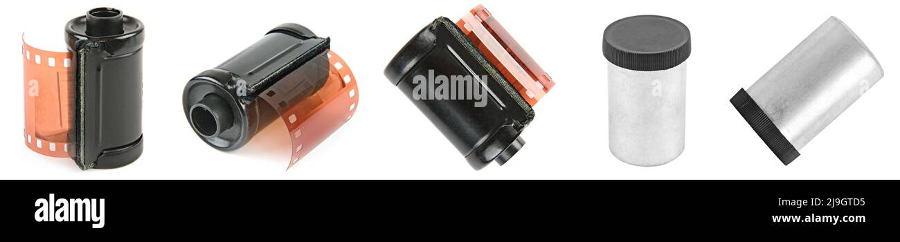 Film photographique dans des boîtes de différents angles isolées sur fond blanc Banque D'Images