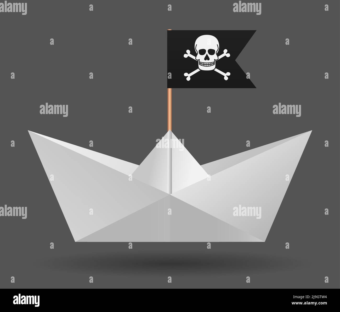 Bateau en papier avec un drapeau pirate. Arrière-plan blanc. Objet isolé. Image vectorielle. Illustration de Vecteur