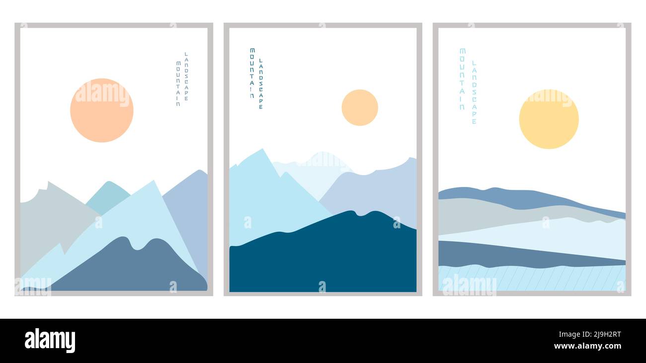 Ensemble d'illustrations vectorielles affiche des paysages de montagne bleus au coucher du soleil. Illustration de Vecteur