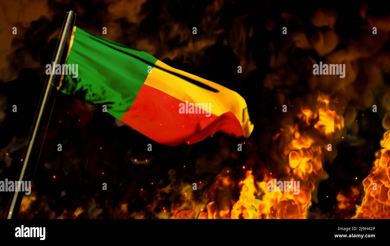 Drapeau du Bénin sur toile de fond feu de feu - concept des temps difficiles - résumé 3D illustration Banque D'Images Drapeau du Bénin sur toile de fond feu de feu - concept des temps difficiles - résumé 3D illustration Banque D'Images