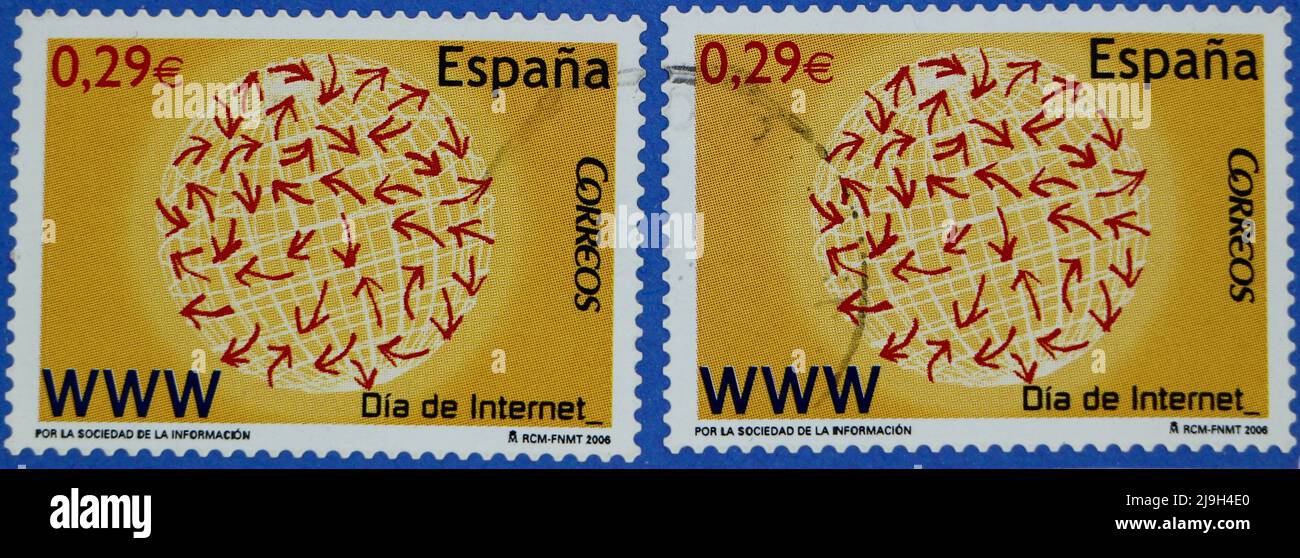 Phot de deux timbres-poste espagnols de la série Science pour Internet jour 2006 Banque D'Images
