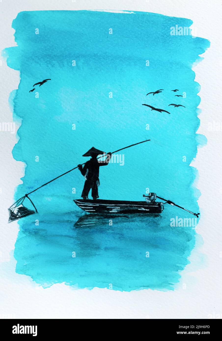 un pêcheur dans un bateau attrape des poissons près de la mer, dessin aquarelle. fond bleu. impression sur toile Banque D'Images