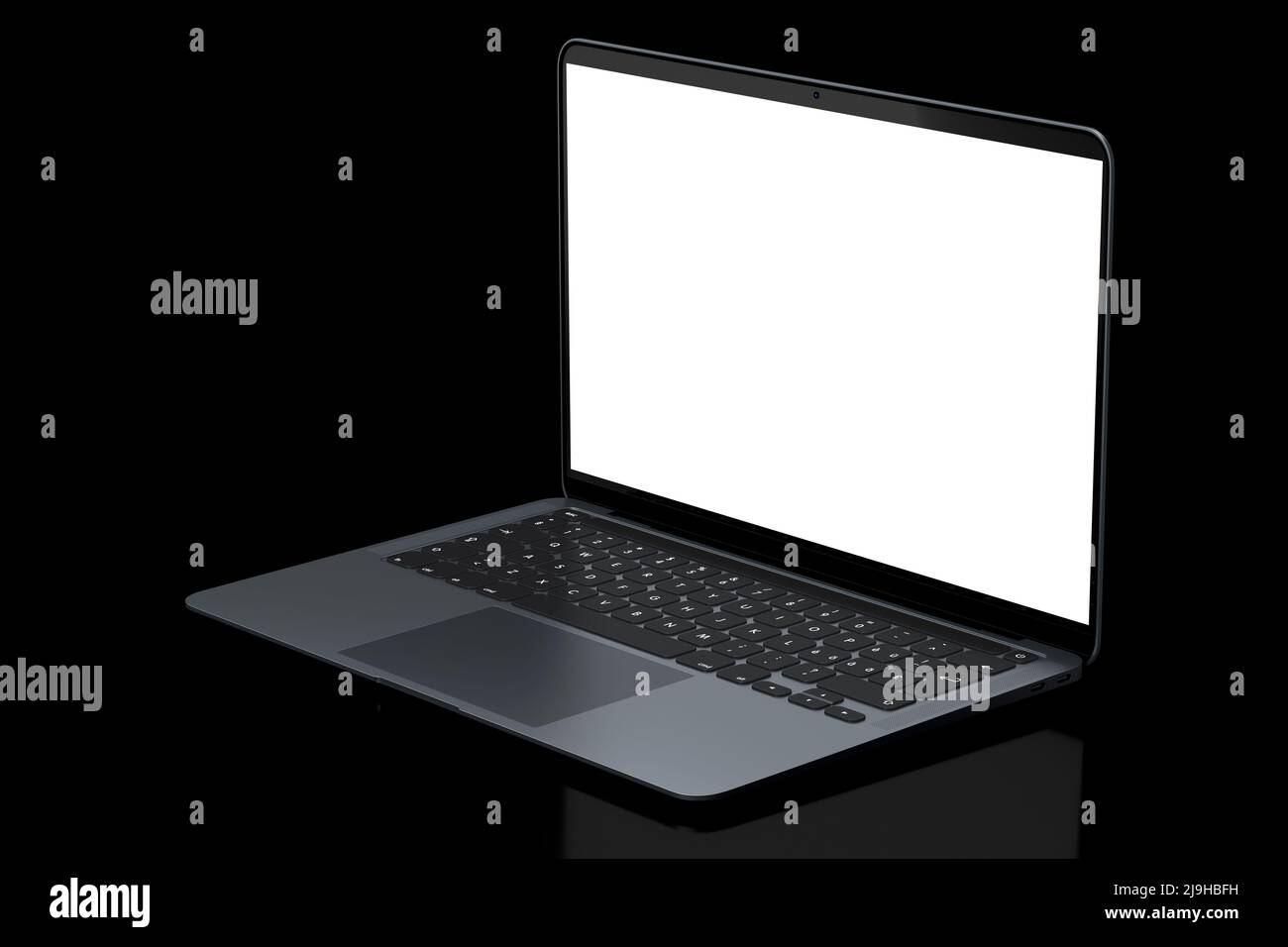 Ordinateur portable en aluminium réaliste avec écran blanc vide isolé sur fond noir. Banque D'Images Ordinateur portable en aluminium réaliste avec écran blanc vide isolé sur fond noir. Banque D'Images
