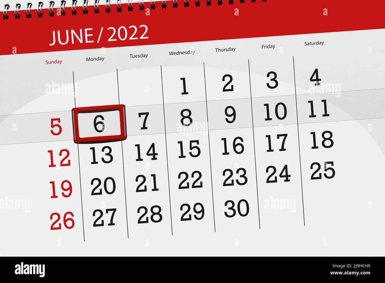 Calendrier du mois de juin 2022, date limite, 6, lundi. Banque D'Images