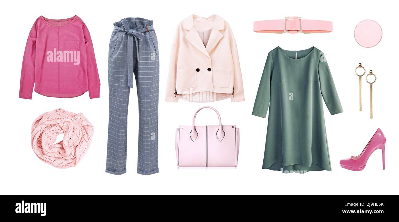 Vêtements pour femmes collage isolé sur blanc.ensemble de vêtements pour femmes.ensemble de mode pour filles. Banque D'Images
