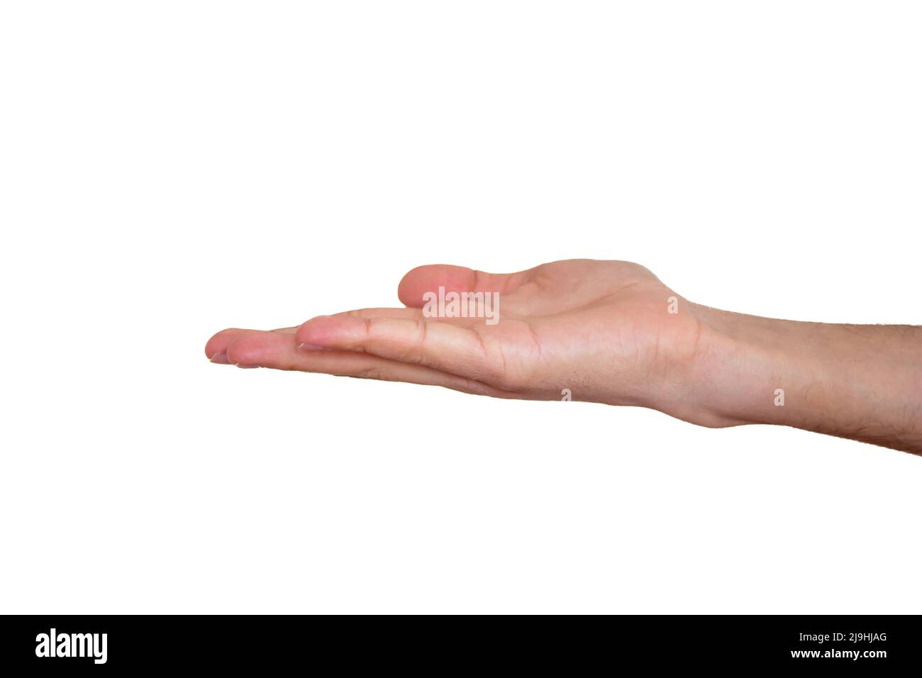 Paume de main isolée sur fond blanc. Main de homme avec vue latérale et espace de copie. Banque D'Images