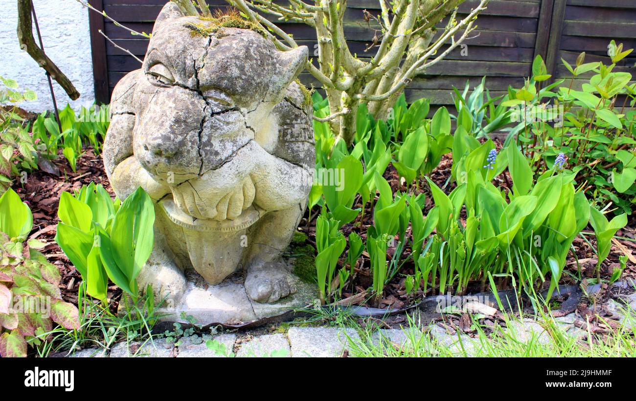 Alter Gargoyle aus Stein im Blumenbeet, Hessen, Allemagne. Banque D'Images