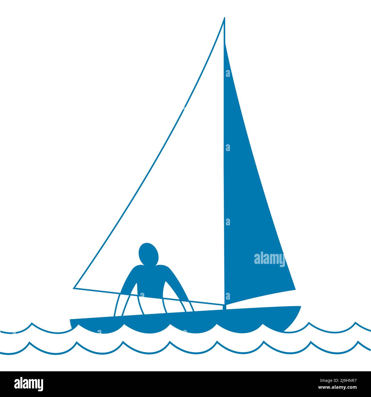 Petit bateau à voile. Sloop. Bateau passant par les vagues sous la voile. Homme à bord. Illustration vectorielle Illustration de Vecteur