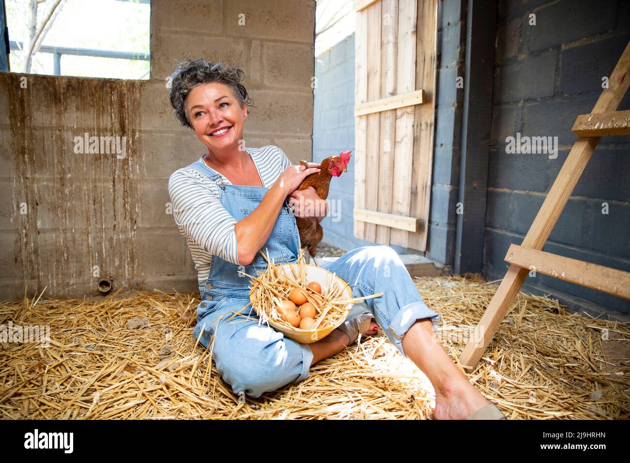 Bonne agricultrice mûre avec un bol de poule et d'œuf assis dans un coop de poulet Banque D'Images