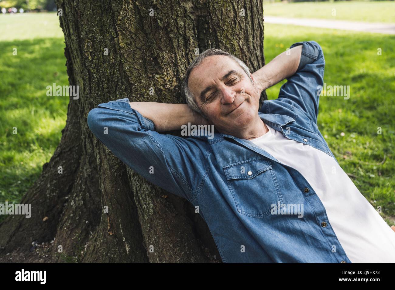 Homme âgé à la retraite souriant, les yeux fermés, penché sur le tronc d'arbre au parc Banque D'Images