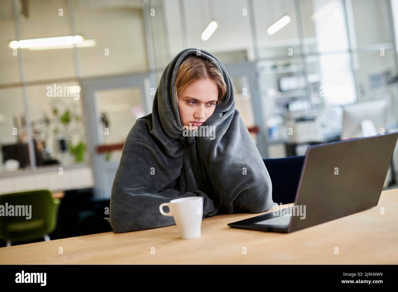 Jeune femme frustrée dans un confortable salon assis au bureau avec ordinateur portable Banque D'Images
