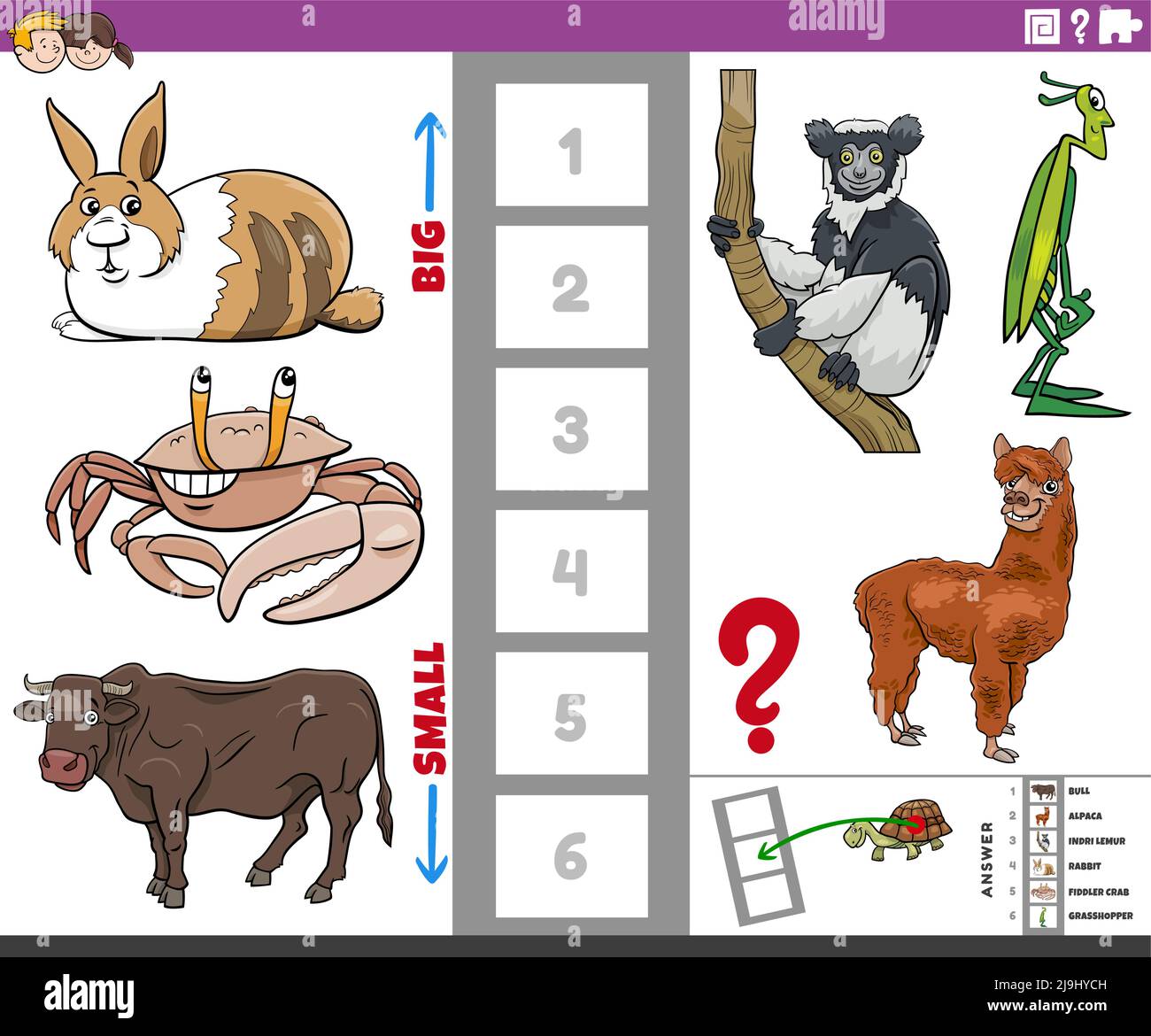 Dessin animé illustration du jeu éducatif de trouver la plus grande et la plus petite espèce animale avec des personnages de bande dessinée Illustration de Vecteur