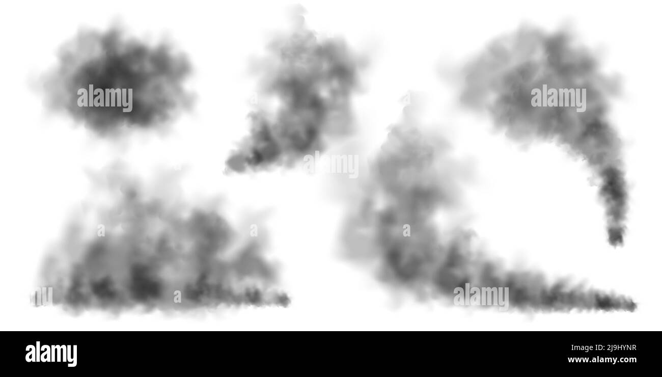 Fumée réaliste noire, nuages de poussière isolés sur fond blanc. Pollution par le smog ou le brouillard sale. Pollution de l'air, effet de brume. Fumée provenant d'un incendie ou d'une explosion Illustration de Vecteur