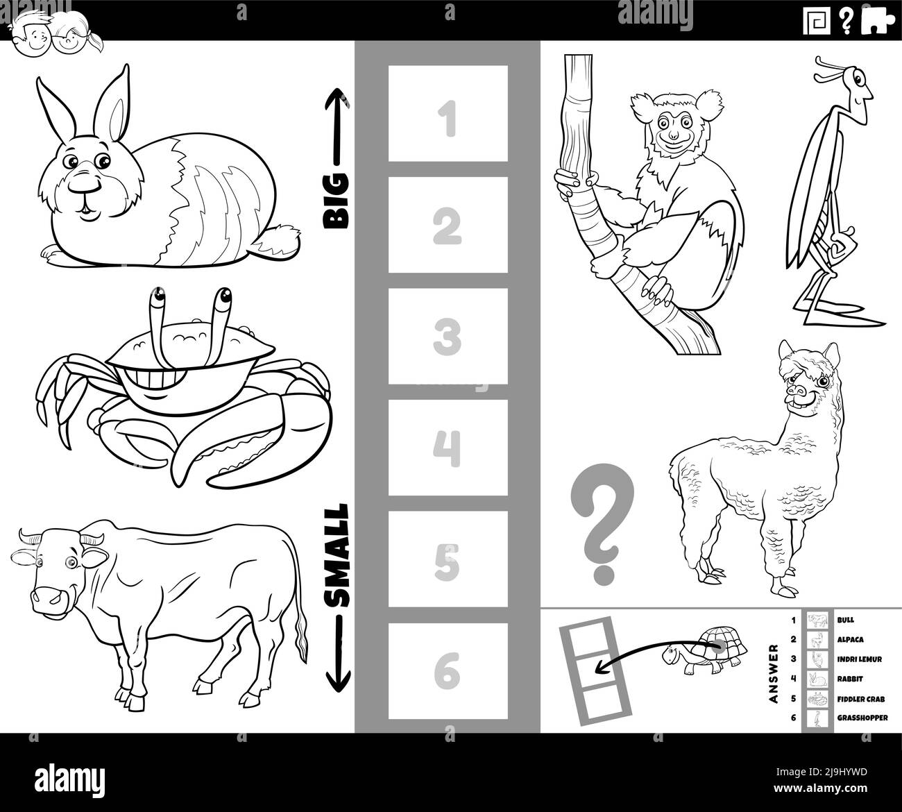 Dessin animé noir et blanc illustration du jeu éducatif de trouver la plus grande et la plus petite espèce animale avec des caractères de bande dessinée coloriage page Illustration de Vecteur