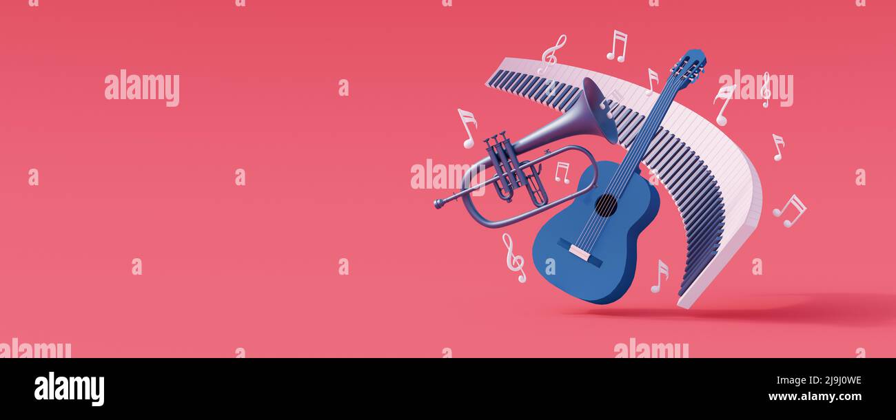 Les instruments de musique avec des notes de musique volantes isolées sur fond rose 3D rendent 3D illustration Banque D'Images