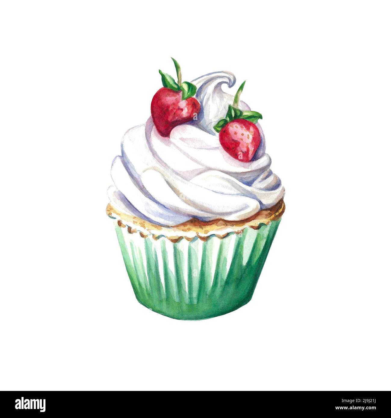 Cupcake à la fraise avec crème isolée sur blanc. Aquarelle dessinée à la main. Clip art : illustration d'un dessert délirant Banque D'Images