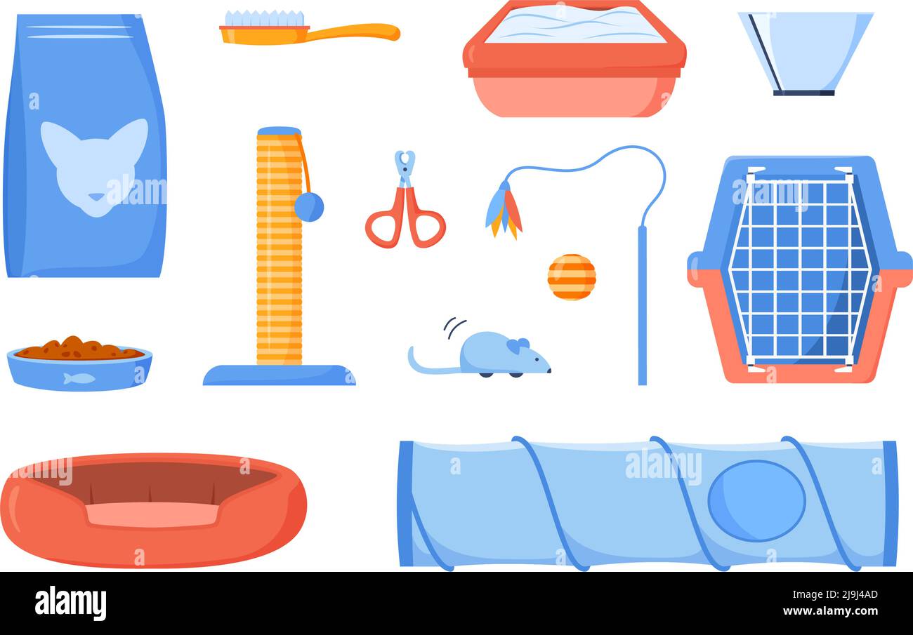Kit de fournitures et d'accessoires pour animaux domestiques. Nourriture pour animaux, grattage, toilettes, peigne, ciseaux, jouet de plumes, souris, support, cône de collier et Illustration de Vecteur